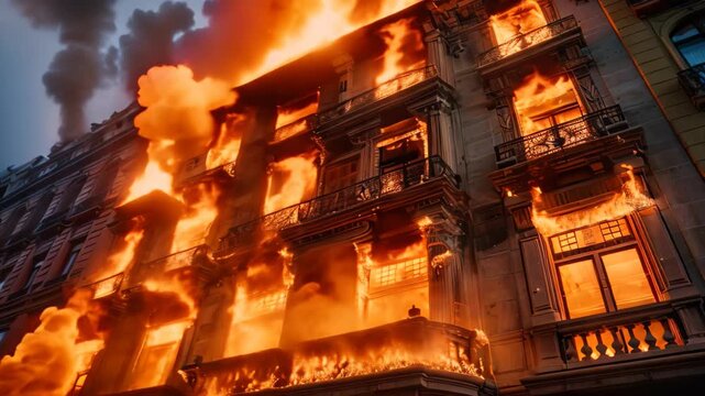 A large building ablaze with roaring flames threatening its structure, Roaring flames licking at the building's facade