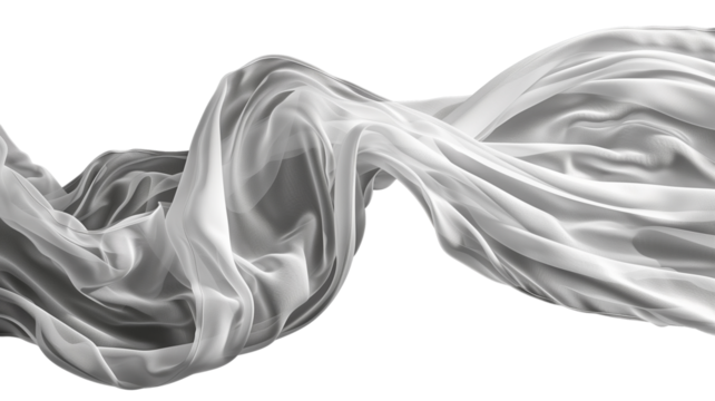 White silk fabric flying in waves on a transparent background