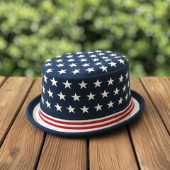 Patriotic hat with stars and stripes on wooden surface, perfect for USA-themed celebrations and holidays.