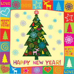 Christmas greeting card. Celebration  background with Christmas tree and place for your text. Vector Illustration