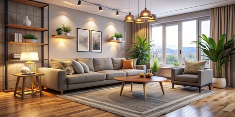 Fototapeta premium Cozy living room interior with modern furniture and soft lighting, living room, interior design, cozy