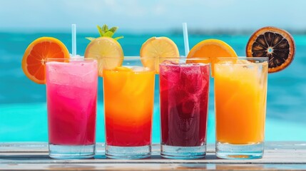 Fototapeta premium Vibrant and refreshing fruit based cocktails and mocktails served in transparent glasses set against the backdrop of a tranquil ocean scene This image evokes a sense of summer relaxation