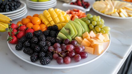Fototapeta premium Lush Tropical Fruit Platter Spread on Party Table with Vibrant Assortment of Fresh Produce including Mango Pineapple Grapes Kiwi Strawberries Blackberries and More