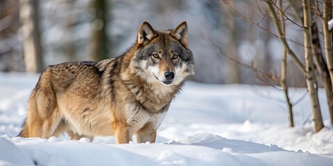 Obraz premium Wild wolf hunting in snowy forest during winter, wolf, predator, hunt, nature, wilderness, snow, cold, wildlife, forest