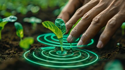 Hands of a gardening enthusiast using a smart garden technology concept