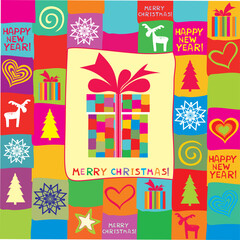 Christmas gifts. Happy New Year greeting card. Christmas card. Celebration background with boxes, Christmas tree, deers and place for your text. Vector Illustration 