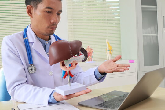 A male doctor sits at his desk in an office, liver health. He diagnoses and treats diseases like hepatitis, cirrhosis, and gallbladder disorders, using his expertise in gastroenterology