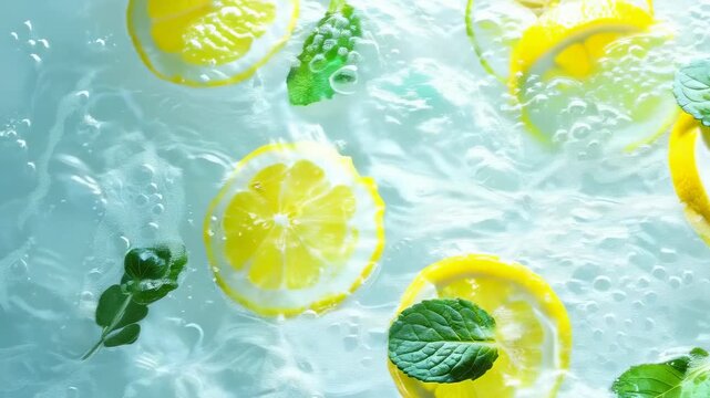 Fresh lemon slices and mint leaves float and splash in clear water on a sunny day. The bright yellow of the lemons and the vibrant green of the mint create a refreshing feel, symbolizing summer and