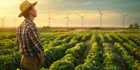 asian man. A farmer in a straw hat stands in a field of green crops with wind turbines in the background at sunset.