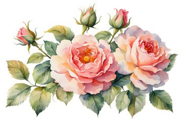 Watercolor groundcover roses flower on pure white background, AI Generated