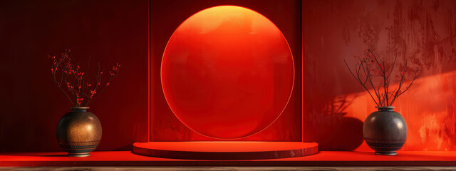 Modern Chinese podium with vibrant red decor and minimalist design stylish events and contemporary interior settings blending tradition and modernity