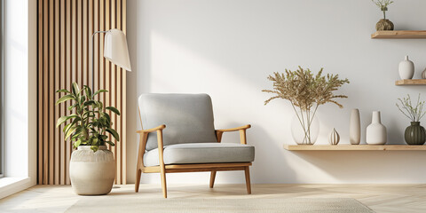A modern living room corner featuring a grey armchair, indoor plants, decorative wooden shelves, and minimalist decor
