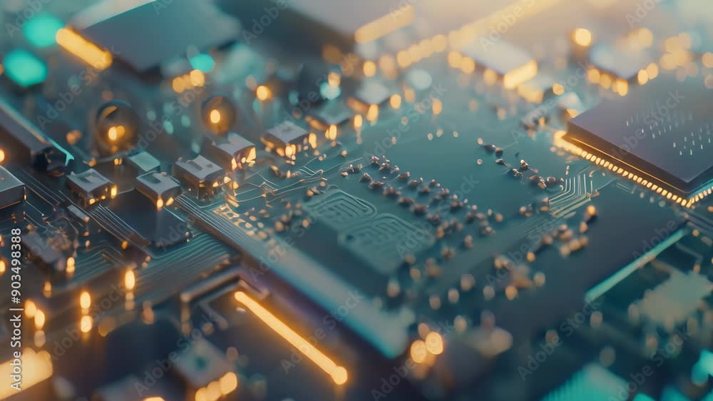 Poster detailed view of a computer circuit board showing secure chip technology embedded in a credit card, 