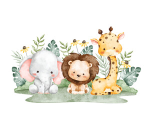 Naklejka premium Watercolor Illustration Safari Animals and Tropical Leaves