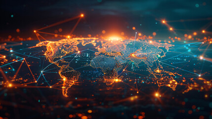 Fototapeta premium Global Connectivity: World Map with Digital Connections Linking Continents for Global Communication