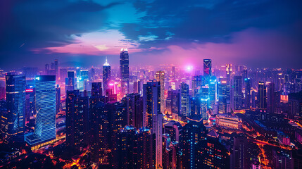 Fototapeta premium Vibrant Urban Nightscape: Glowing Skyscrapers Symbolizing Progress and Prosperity