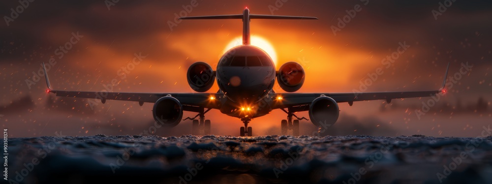 Canvas Prints  A large jetliner rests on an airport tarmac under a night sky, as sunlight filters through the clouds