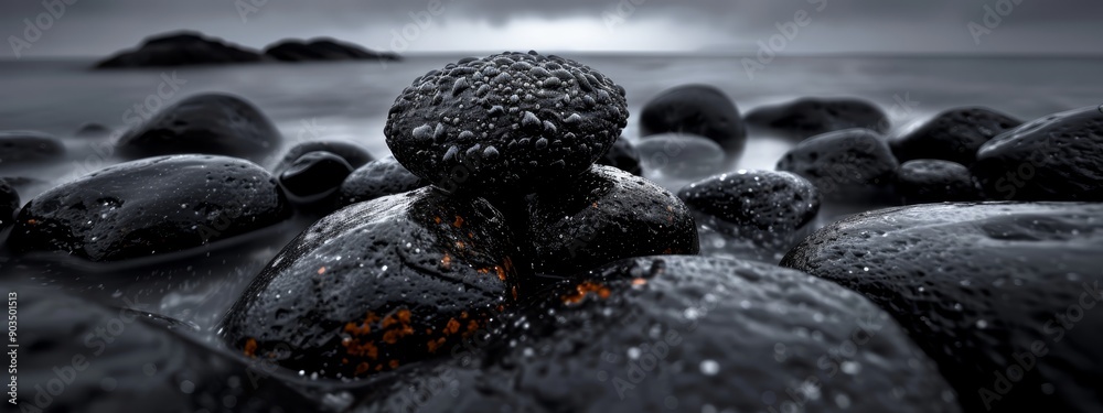 Wall mural  A monochrome image of rocks and water under a gloomy dark sky, punctuated by a vibrant orange focal point in its heart