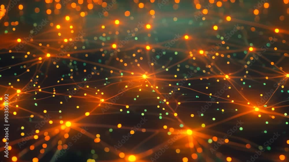 Poster decentralized network of nodes interconnected with glowing lights and lines, show a decentralized ne