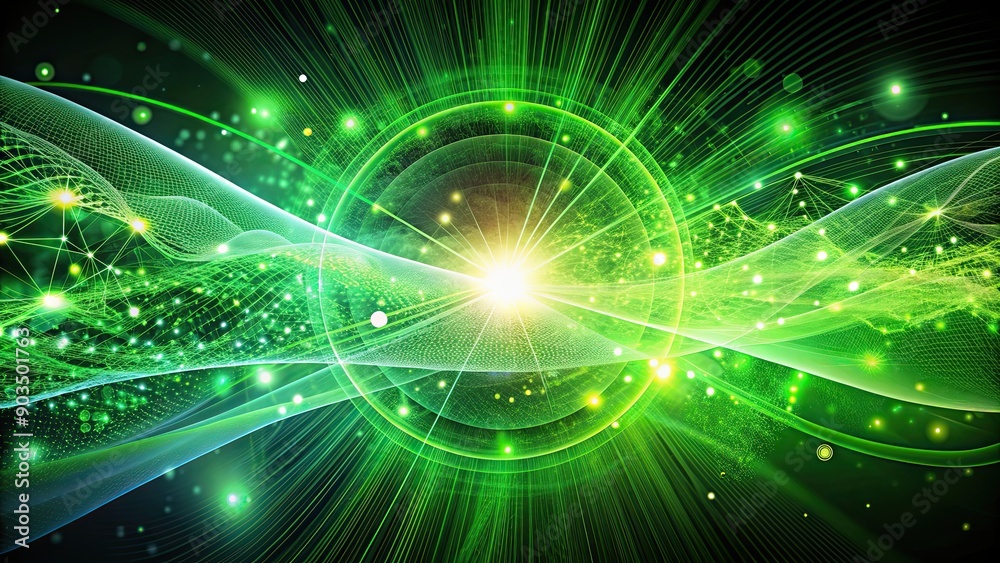 Wall mural Abstract green energy particles and waves with magical bright glowing futuristic hitech and blur effect, Green, energy