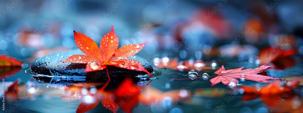 Canvas Prints  A red leaf drifts atop the water's surface; nearby, another leaf rests atop a submerged rock