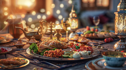 Peaceful Ramadan iftar meal with a beautifully set table, traditional dishes, and a serene atmosphere, high detailHighly detailed , 8K