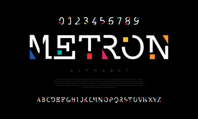 Metron creative modern geometric urban alphabet font. Digital abstract futuristic, game, techno, robot, music, logo, sport, minimal technology typography. Simple numeric vector illustration