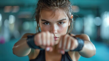 Portrait of a young female martial artist in a dynamic pose, showcasing strength, discipline, and focus, ideal for sports and empowerment themes.