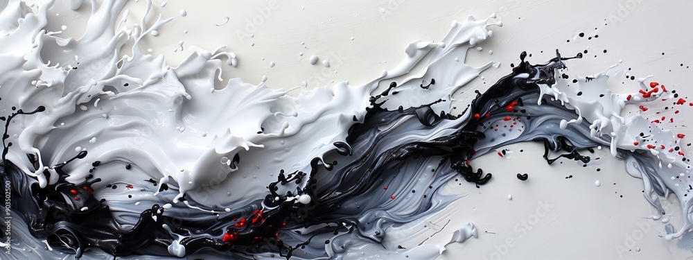 Wall mural  A black-and-white abstract painting features red and white paint splatters at its base