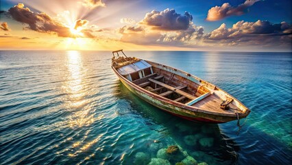 Wreckage boat floating in the sea , shipwreck, abandoned, deserted, ocean, water, waves, damaged, old, rusty, vessel