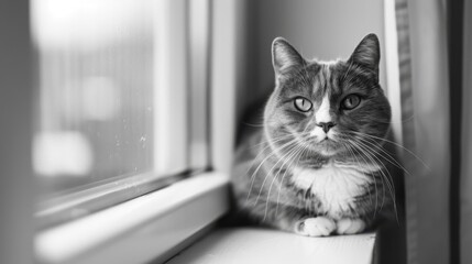 Black and white portrait of a cat sitting on a windowsill, capturing the serene and contemplative nature of the feline in a minimalist, elegant style.