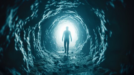 Silhouette of Person Walking in Illuminated Tunnel
