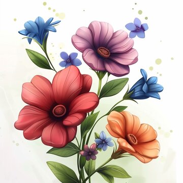 Vibrant Floral Illustration with Colorful Blooms and Green Leaves - Perfect for Spring and Summer Designs