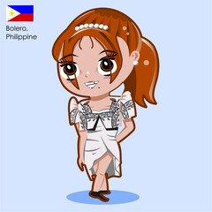 CIMAHI, INDONESIA-JULY 31, 2024-Bolero Philippine cute chibi girl wear traditional costume dress. Vector graphic design character illustration for collection, poster,background,wallpaper,sticker.