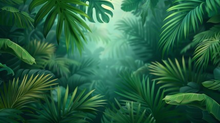 Lush, dense tropical jungle scene filled with various green leaves and plants, creating a serene natural environment.