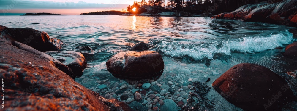 Canvas Prints a body of water featuring rocks in the foreground and a small island with trees in the background