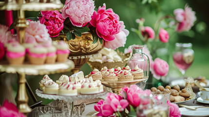 Naklejka premium Wedding decoration with peonies, floral decor and event celebration, peony flowers and wedding ceremony in the garden, English country style