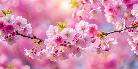 Obraz premium Pink cherry blossoms in full bloom against a soft-focused background, capturing the essence of springtime , flowers, petals