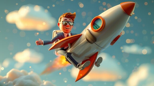 3D rendering of a successful businessman flying with a rocket. The concept illustrates ambition and innovation, with a dynamic upward trajectory symbolizing growth and success.