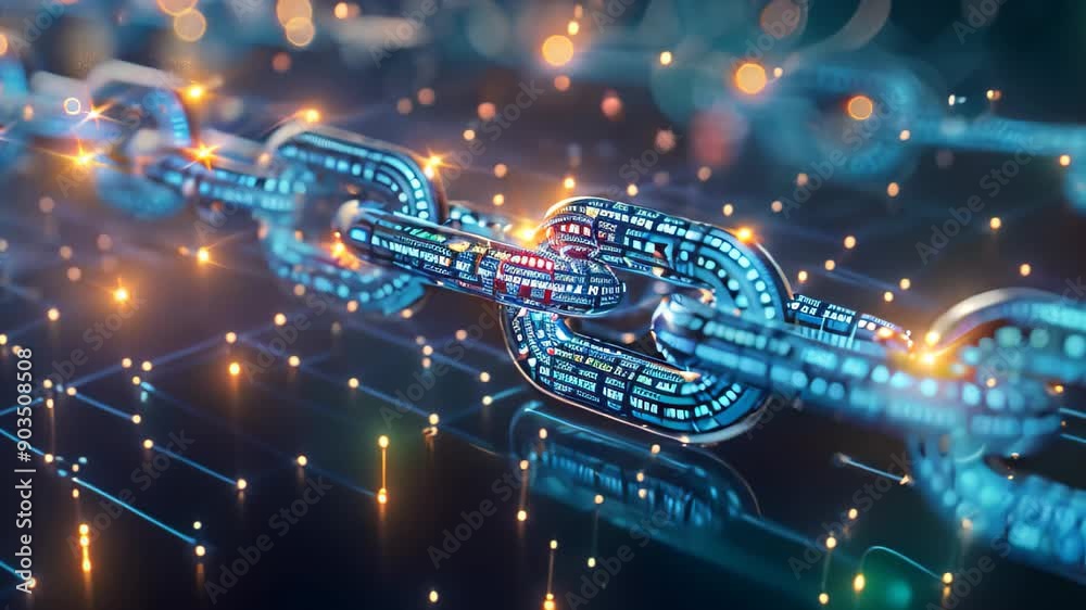 Poster a chain with glowing lights on top, showcasing an interconnected network of blocks, show the interco