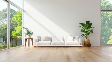 Modern interior design of living room, minimalist decor, large windows, comfortable sofa, stylish accessories, open space