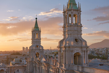 panoramic view of the bell tower of the Arequipa Cathedral at a beautiful sunset