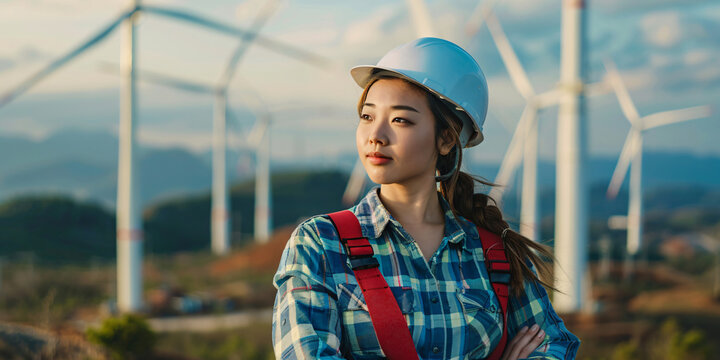 asian woman. A female engineer wearing a hard hat and safety gear stands confidently at a wind farm, demonstrating the growing role of women in renewable energy.