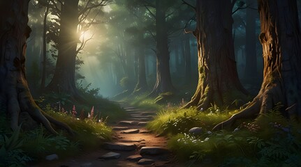 Obraz premium enchantments pathway ethereal fantasy forest beckons mysterious painting. glowing and little bit sunny day. generative.ai