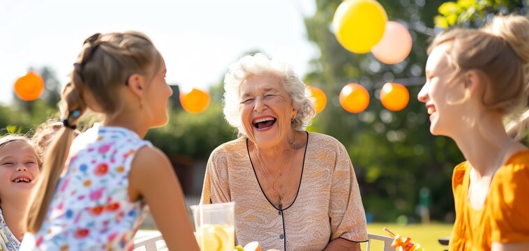 Heartwarming family gathering with laughter and joy, featuring multiple generations sharing a delightful moment together outdoors.