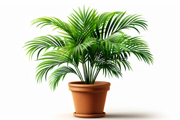 A miniature palm tree in a clay pot clipart, realistic style, tropical vibe, isolated on white background
