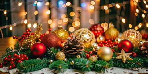 Fototapeta premium Cheerful and festive merry christmas scene with decorations and lights, celebration, holiday, joy, family, winter, December