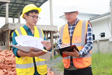 A male engineer, wearing a hardhat and helmet, examines blueprints on a construction site. Working...