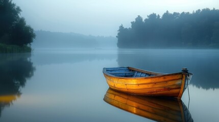 Obraz premium Gentle wooden boat illuminated by the soft light of dawn, drifting across a tranquil lake.