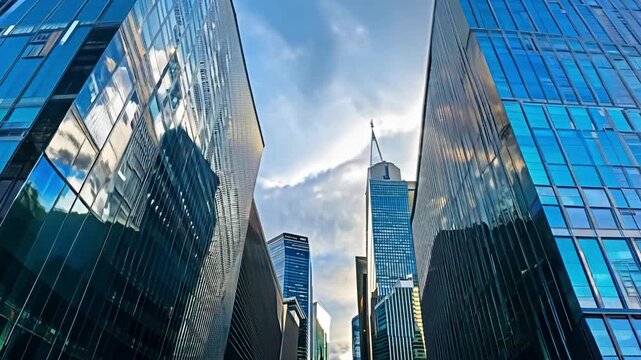 This Skyscrapers reflect sunlight and clouds in a vibrant urban setting.